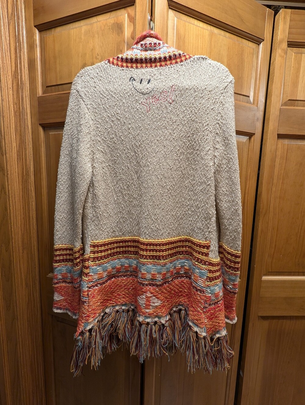 Desigual Cream Yes! Cardigan Sweater w Multicolor Accents Smiley Face And Fringe